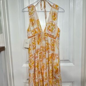 Millibon White Maxi Dress with Yellow and Orange Floral Print